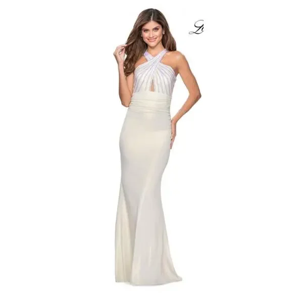 La Femme | Dresses | La Femme Pearl White Rhinestone Cross Halter Low Back Maxi  Dress Womens 2 Bride | Poshmark